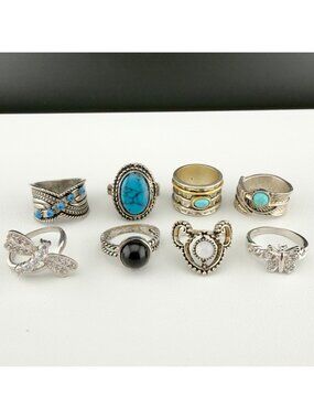 Vintage Boho Ring Lot Silver Tone Dragonfly Turquoise Blue Color Butterfly READ
